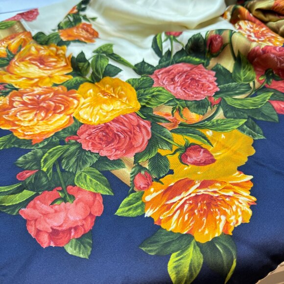 Floral Silk Scarf with Orange and Yellow Roses - Picture 3 of 7